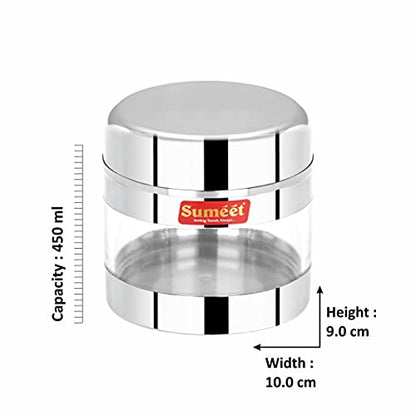 Sumeet Stainless Steel Circular See Through/Transparent Container, Set of 6Pc, 450 Ml Each, 10cm Dia - Silver