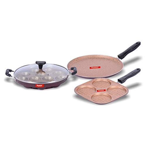 Sumeet Viva Aluminium Smart Cookware Set (mini Multi Snack Maker, Dosa Tawa, Grill Appam Patra With Glass Lid), 3 Piece (Peach)