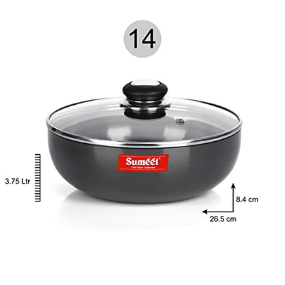 Sumeet 3mm Hard Anodized Deep Tasla with Glass Lid Size No. - 14 (26.5 cm Dia. 3.75L Capacity)