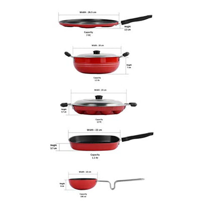 Sumeet 2.6mm Thick Non-Stick Red Wave Cookware Set (Multi Snack Maker – 26.5cm Dia + Kadhai with Lid – 1.5Ltr + Grill Appam Patra with Lid – 23cm Dia + Grill Pan – 1.1Ltr + Tadka Pan – 10cm Dia)