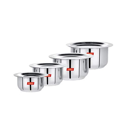 Sumeet Stainless Steel Friendly Tope/patila/cookware With Lids, 370ML, 550ML, 800ML, 1100ML, 4 Piece (Steel)