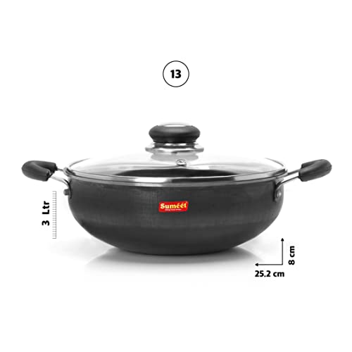 Sumeet Pre Seasoned Iron Kadai 2.5mm Thick with Glass Lid (Double Side Handle) 25.2 cm, 3Ltr