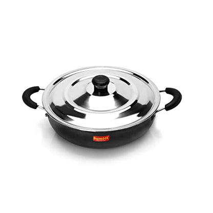 Sumeet Pre Seasoned Iron Kadai 2.5mm Thick with Stainless Steel Lid (Double Side Handle) 25.2 cm, 3Ltr