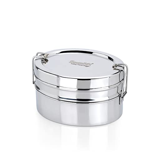 Sumeet Stainless Steel Oval Lunch Box/Tiffin with 2 Compartments and Locking Clip, 850ML, Ideal for 2 Person - Silver