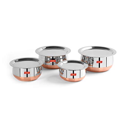 Sumeet Stainless Steel Copper Bottom Belly Shape 4 Pc Tope / Cookware/ Pot Set with Lid 380ML, 500ML, 780ML, 1.1Ltr, (Silver)