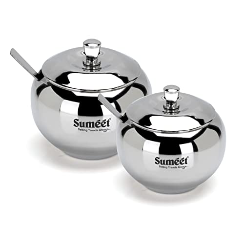 Sumeet Stainless Steel Ghee and Oil Pot, Storage Conrainer with Spoon for Kitchen, 7.5cm & 8.5cm Dia, 170ML & 230ML - Silver (Pack of 2)