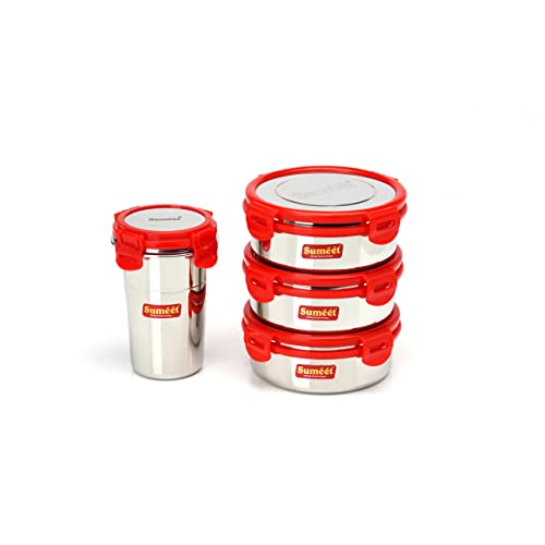 Sumeet Red Meal Statinless Steel Lunch Box Combo 3 Container (500Ml), 1 Tmbler (400Ml)