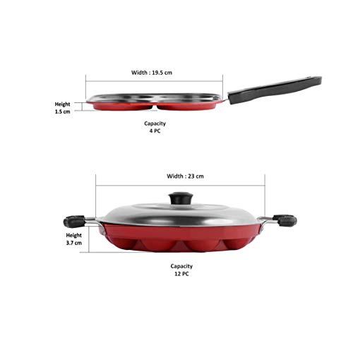 Sumeet 2.6mm Thick Non-Stick Red Royal Cookware Set (Mini Multi Snack Maker – 19.5cm Dia + Grill Appam Patra with Lid – 23cm Dia)