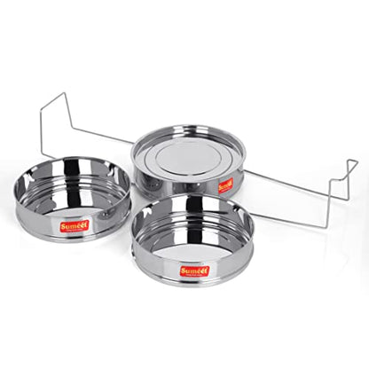 Sumeet Stainless Steel Flat Stackable Container/Separator with Lid and Lifter Suitable for 7.5 LTR Outer Lid Cooker