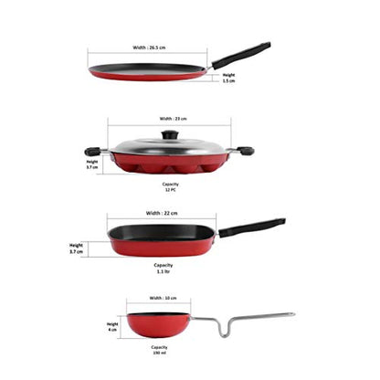 Sumeet 2.6mm Thick Non-Stick Marpo Cookware Set (Dosa Tawa – 26.5cm Dia + Grill Appam Patra with Lid – 23cm Dia + Grill Appam Patra with Lid – 23cm Dia + Tadka Pan – 10cm Dia)