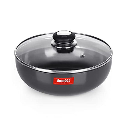 Sumeet 3mm Hard Anodized Deep Tasla with Glass Lid Size No. - 14 (26.5 cm Dia. 3.75L Capacity)