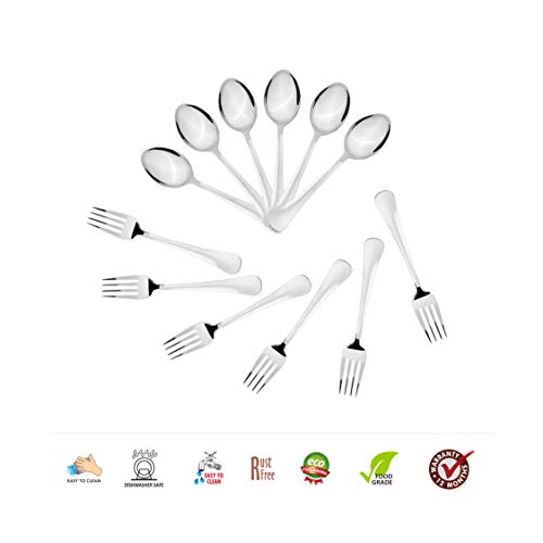 Sumeet Stainless Steel Premium Quality Spoon and Fork Set of 12 Pc (Baby/Medium Spoon 6 Pc (16cm L), Baby/Medium Fork 6 Pc (15.5cm L))– (1.6mm Thick)