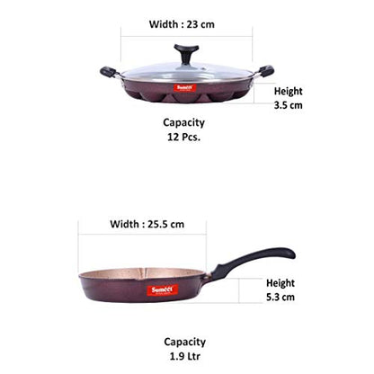 Sumeet Nonstick Granite Finish INOVA Combo Set (Grill Appam Patra with Glass Lid - 12 Cavity - 23cm Dia + Round Grill Pan 25.5cm Dia)