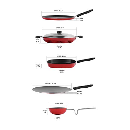 Sumeet 2.6mm Thick Non-Stick Red Tom Cookware Set (Dosa Tawa â€“ 26.5cm Dia + Grill Appam Patra with Lid â€“ 23cm Dia + Grill Pan â€“ 1.1Ltr â€“ 22cm Dia + Tadka Pan â€“ 10cm Dia + Tadka Pan â€“ 10cm Dia)