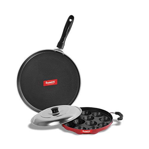 Sumeet 2.6mm Thick Non-Stick Coral Cookware Set (Dosa Tawa – 26.5cm Dia + Grill Appam Patra with Lid – 23cm Dia)