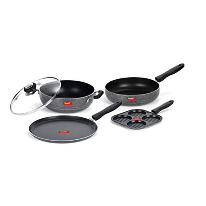 Sumeet NonStick Crno Cookware Set (Dosa Tawa - 26.5Cm Dia + Mini Multi Snack Maker - 4 Cavity -19.5cm + Kadhai with Glass Lid -2Ltr - 22Cm Dia + Frypan - 1.5Ltr - 22Cm Dia)