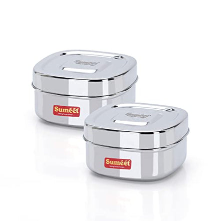 Sumeet Stainless Steel Square Storage containers Box/Dabba for Kitchen, Set of 2Pcs, 550ml, 11cm Dia, Silver