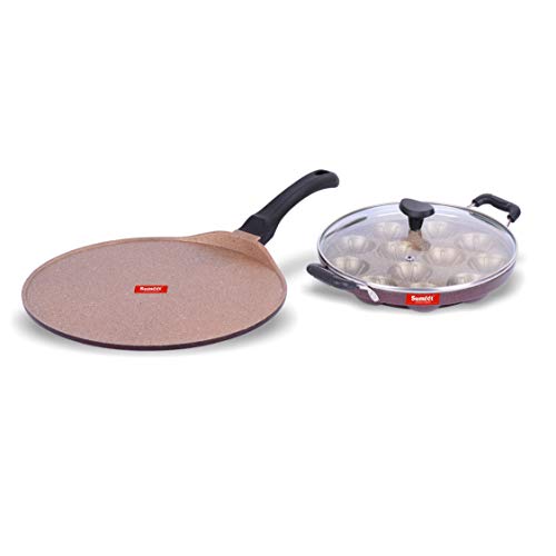 Sumeet Nonstick Granite Finish Kapow Cookware Set (Tawa 30.5cm Dia + Grill Appam Patra with Glass Lid - 12 Cavity - 23cm Dia)