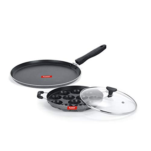 Sumeet NonStick Argent Cookware Set (Dosa Tawa - 26.5Cm Dia + Grill Appam Patra with Glass Lid - 12 Cavity - 22cm Dia)