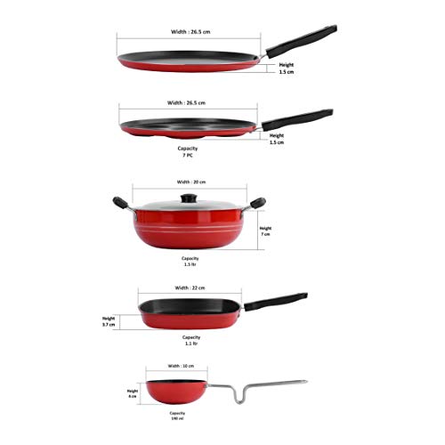 Sumeet 2.6mm Thick Non-Stick Vermello Cookware Set (Dosa Tawa – 26.5cm Dia + Multi Snack Maker – 26.5cm Dia + Kadhai with Lid – 1.5Ltr + Grill Pan – 1.1Ltr + Tadka Pan – 10cm Dia)