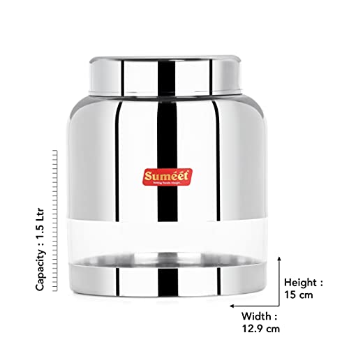 Sumeet Stainless Steel Circular See Through / Transparent Storage Container, 1Pc, 1.5 Ltr, 12.9cm Dia, Silver