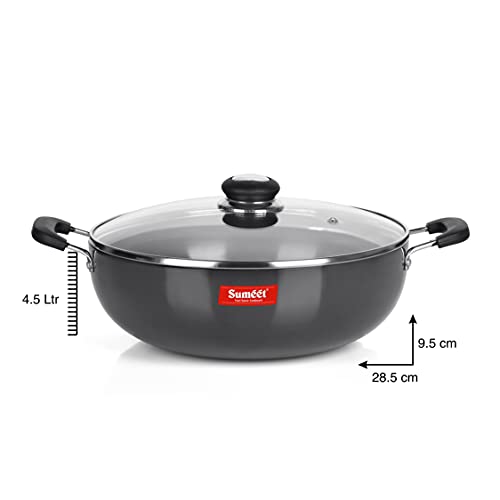 Sumeet 3mm Hard Anodized Deep kadai with Glass Lid Big Size No. - 15 (28.5cm Dia. 4.5 LTR Capacity)