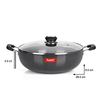 Sumeet 3mm Hard Anodized Deep kadai with Glass Lid Big Size No. - 15 (28.5cm Dia. 4.5 LTR Capacity)