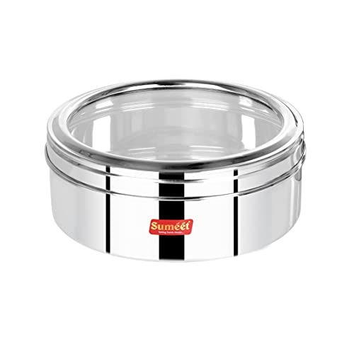 Sumeet Stainless Steel Flat Canisters/Puri Dabba/Storage Containers With See Through Lid Set of 2Pcs (1.5Ltr, 2Ltr)