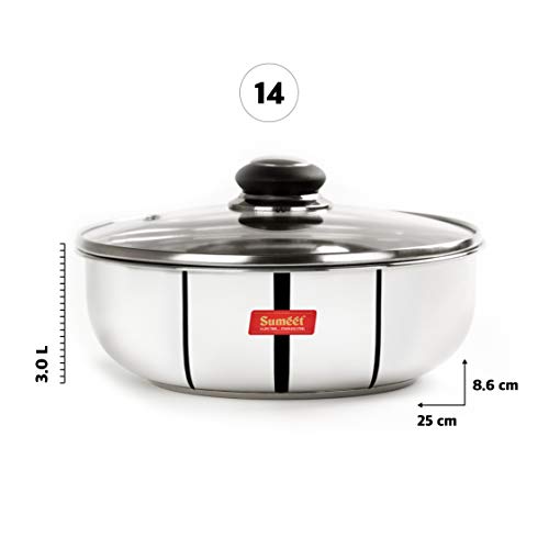 Sumeet Stainless Steel Encapsulated Bottom Induction and Gas Stove Friendly Tasra with Glass Lid - (3Ltr - 25cm), Silver