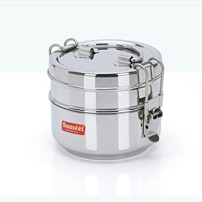 ﻿Sumeet Stainless Steel Small Size 2 Compartment Lunch Box/Tiffin with Lid and Handle, 10Cm Dia, (700ML, Silver)