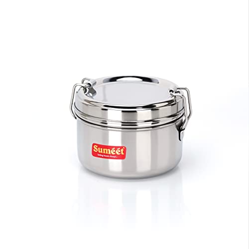 Sumeet Stainless Steel Meal Pack Lunch Box / Tiffin with Steel Separator Plate and Locking Clip, 250ML, 9.5cm Dia, Silver