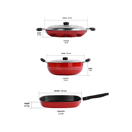 Sumeet 2.6mm Thick Non-Stick Jasper Combo Set (Kadhai with Lid – 1.5Ltr Capacity- 20cm Dia + Grill Appam Patra with Lid – 23cm Dia + Grill Pan – 1.1Ltr Capacity – 22cm Dia)