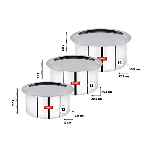 Sumeet 3mm Induction Bottom Aluminium Tope with Stainless Steel Lid - Set of 3 Pcs, (2Ltr, 2.5Ltr, 3Ltr)