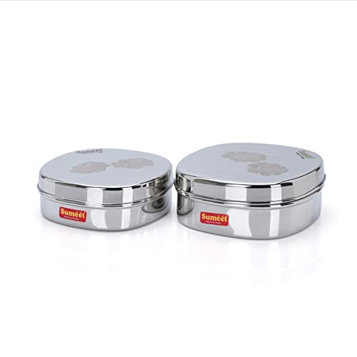 Sumeet Stainless Steel Designer Square Storage containers Box/Dabba for Kitchen, Set of 2Pcs, 600ml & 950ml, 13.5cm & 15cm Dia, Silver