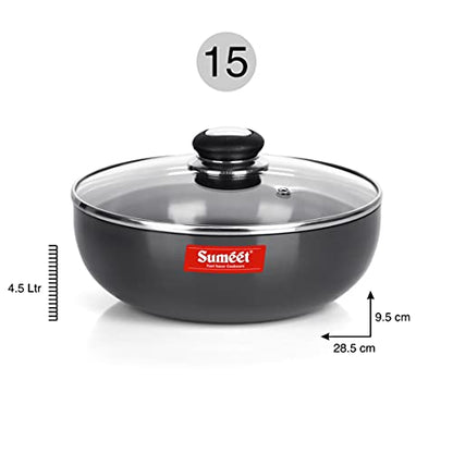 Sumeet 3mm Hard Anodized Deep Tasla with Glass Lid Size No. - 15 (28.5cm Dia. 4.5 LTR Capacity)