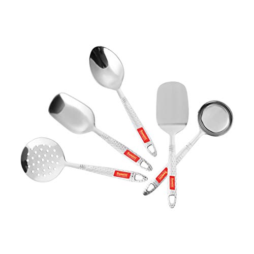 Sumeet Stainless Steel Small Serving and Cooking Spoon Set of 5pc (1 Turner, 1 Serving Spoon, 1 Skimmer, 1 Basting Spoon, 1 Ladle)