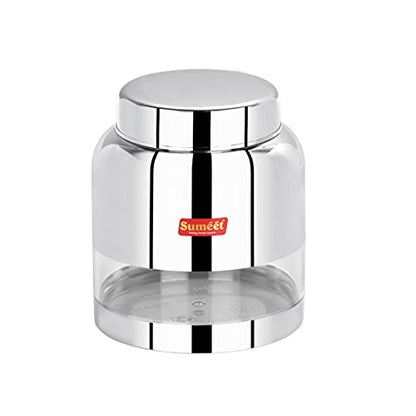 Sumeet Stainless Steel Circular See Through / Transparent Storage Container, 1Pc, 1 Ltr, 11.4 cm Dia, Silver