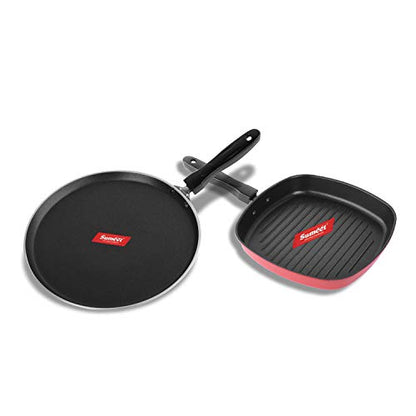 Sumeet 2.6mm Thick Non-Stick Berry Cookware Set (Dosa Tawa – 26.5cm Dia + Grill Pan – 1.1Ltr Capacity – 22cm Dia)