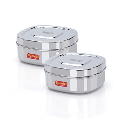 Sumeet Stainless Steel Square Storage containers Box/Dabba for Kitchen, Set of 2Pcs, 700ml, 12.5cm Dia, Silver