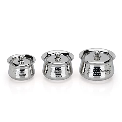 Sumeet Stainless Steel Handcrafted Hammered Texture Handi Set with Lid for Kitchen, Set of 3, 460ml, 650ml & 950ml, Silver