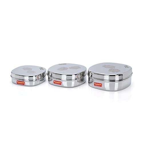 Sumeet Stainless Steel Designer Square Storage containers Box/Dabba for Kitchen, Set of 3Pcs, 350ml, 600ml & 950ml, 12cm, 13.5cm & 15cm Dia, Silver