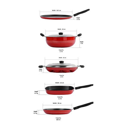 Sumeet 2.6mm Thick Non-Stick Red Spark Cookware Set (Dosa Tawa – 26.5cm Dia + Kadhai with Lid – 1.5Ltr + Grill Appam Patra with Lid – 23cm Dia + Grill Pan – 1.1Ltr + Tapper pan – 20cm Dia)