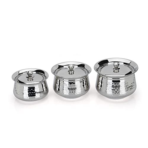 Sumeet Stainless Steel Handcrafted Hammered Texture Handi Set with Lid for Kitchen, Set of 3, 950ml, 1300ml & 1700ml, Silver