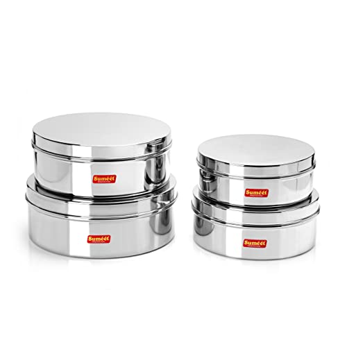 Sumeet Stainless Steel Flat Canisters/Puri Dabba/Storage Containers Set of 4Pcs (1.2Ltr,1.5Ltr,2.1Ltr,2.7Ltr)