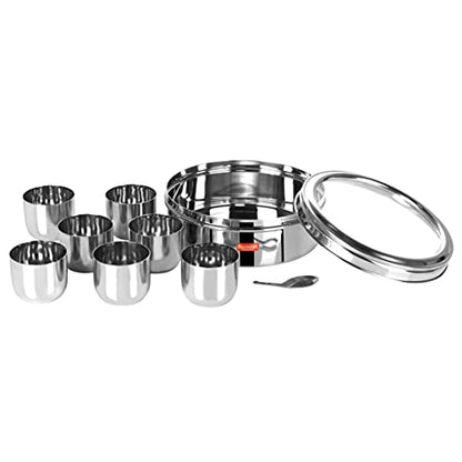 Sumeet Stainless Steel Round Masala (Spice) Box/Organiser with See Through Lid With 7 Containers and Small Spoon Size 11 (1.5Ltr) (18.5cm)