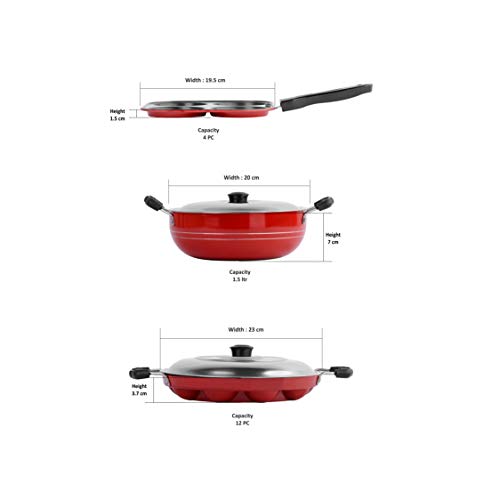 Sumeet 2.6mm Thick Non-Stick Red Star Combo Set (Mini Multi Snack Maker – 19.5cm Dia + Kadhai with Lid – 1.5Ltr Capacity- 20cm Dia + Grill Appam Patra with Lid – 23cm Dia)