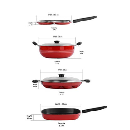 Sumeet 2.6mm Thick Non-Stick Hiri Cookware Set (Mini Multi Snack Maker – 19.5cm + Kadhai with Lid – 220cm Dia + Grill Appam Patra with Lid – 23cm Dia + Grill Pan – 1.1Ltr Capacity-22cm-Dia