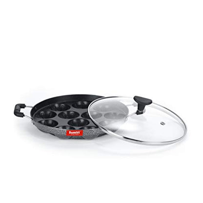 Sumeet 3mm Nonstick Grill Appam Patra with Glass Lid - 12Cavity - 22cm Dia