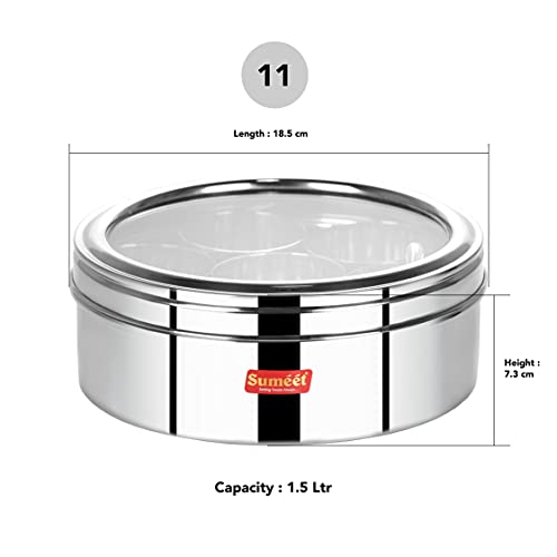 Sumeet Stainless Steel Round Masala (Spice) Box/Organiser with See Through Lid With 7 Containers and Small Spoon Size 11 (1.5Ltr) (18.5cm)