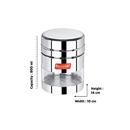 Sumeet Stainless Steel Circular See Through / Transparent Container, Set of 2Pc, 800 Ml each, 10cm Dia, Silver